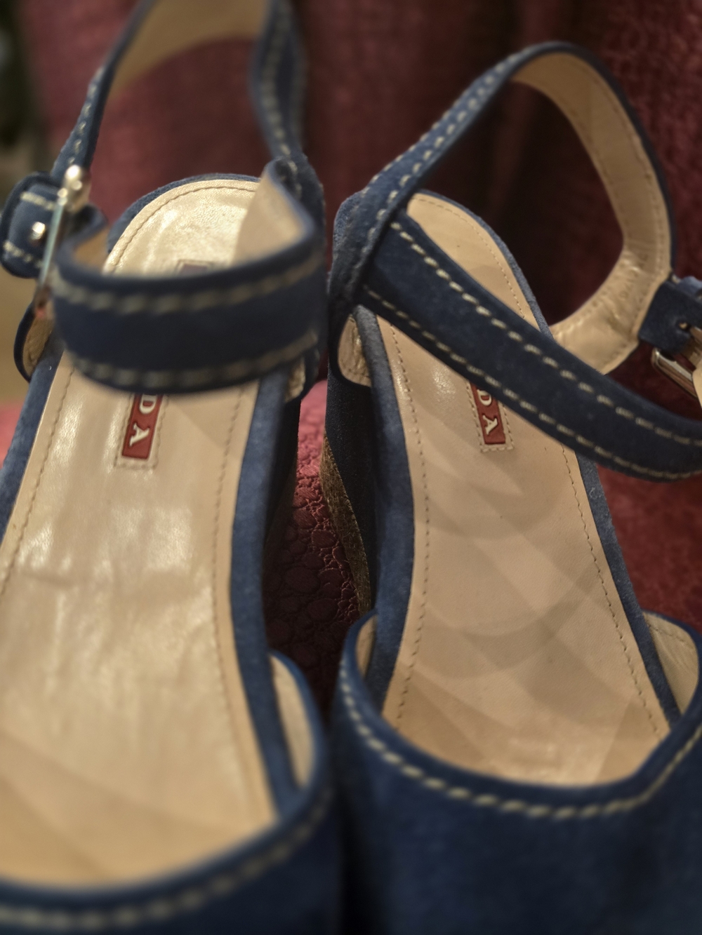 PRADA GENUINE Blue Suede Wedge Sandals with Ankle Strap - Picture 5 of 16